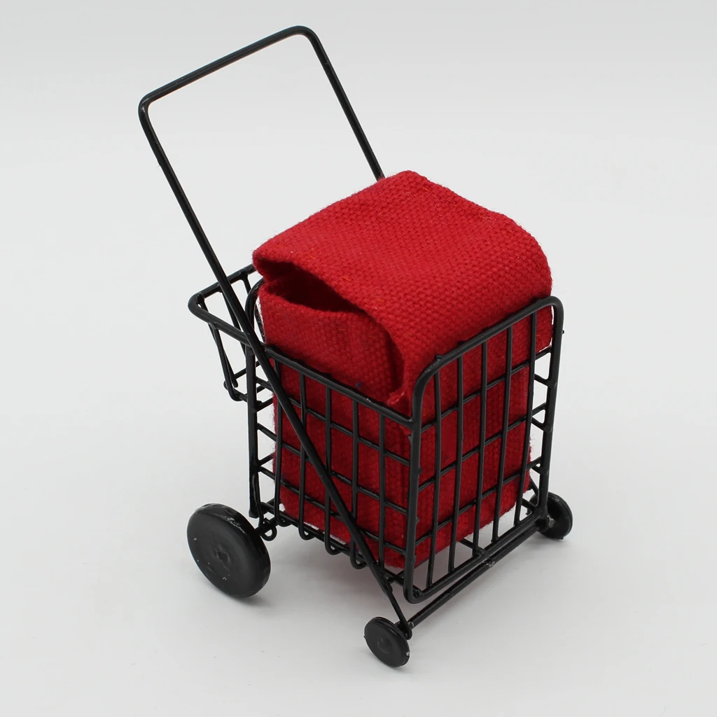 Dollhouse Miniature Metal Shopping Cart with Red Bag Kids Pretend Play Toy