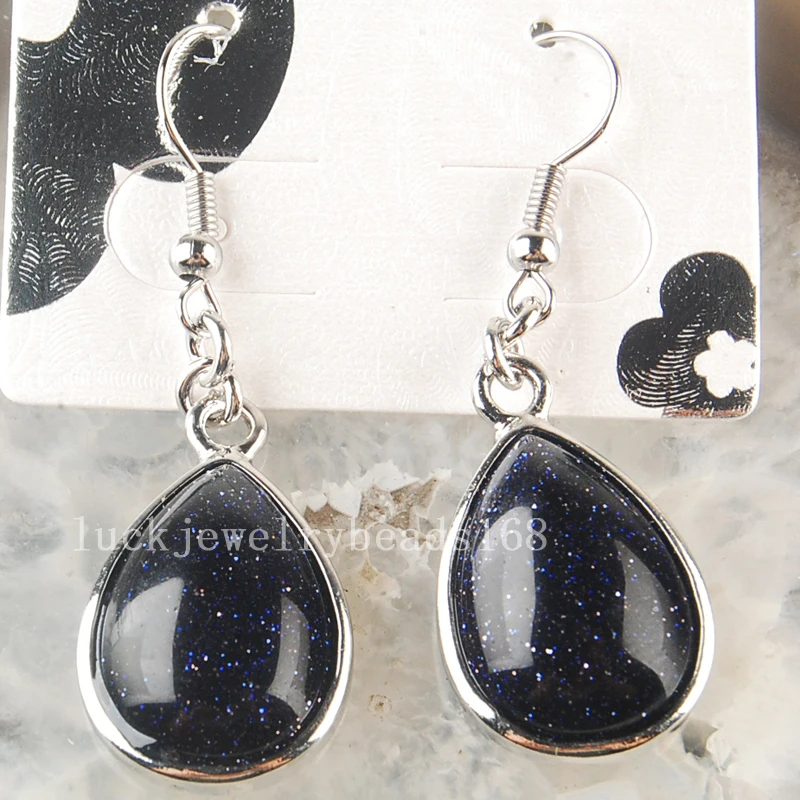 

Free Shipping Fashion Jewelry 15x25mm Beatiful Blue Gold Sand Stone Drop Art Earrings 1Pair C3614