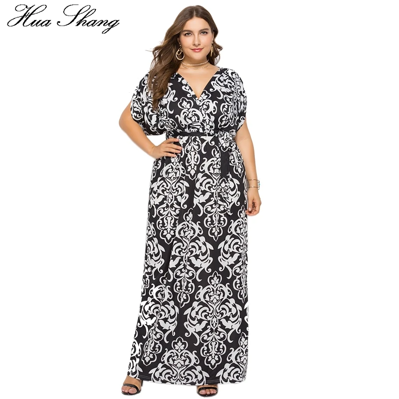 

Retro Floral Print Vintage Dress Women Summer V Neck Short Sleeve High Waist Long Dress White And Black Plus Size Party Dresses