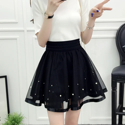 Tulle Skirt High Waist New Summer Women Black Mesh Beading Sweet Mini School Skirt Elastic Waist Tutu Skirt - Цвет: black beading