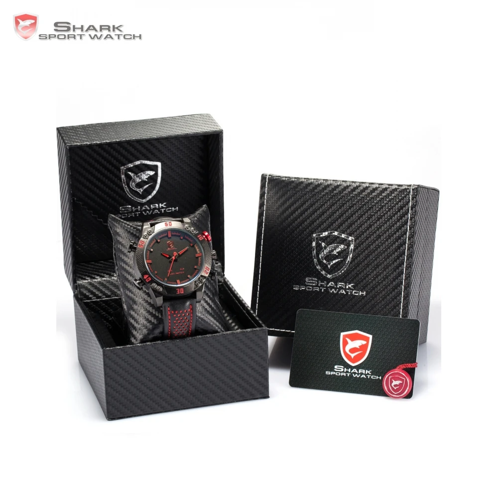

Luxury Package Kitefin Shark Sport Watch Black Analog LED Digital Date Day Leather Alarm Waterproof Men Quartz Watches/SH261-265