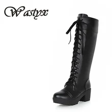 Wastyx New women boots Designer Womens Square Low Heel Riding Motorcycle Heel Knee High Boots Punk Gothic Platform Lace Up Shoes