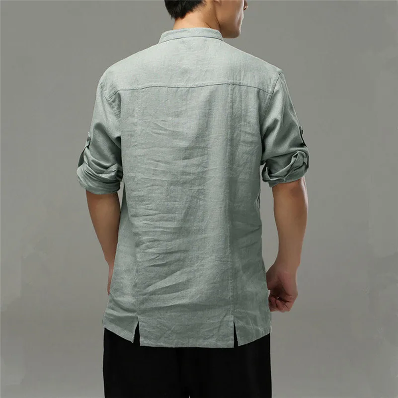 Mens Cotton Linen Shirts Casual Long Sleeve Stand Neck Tops Loose Blouse (18)