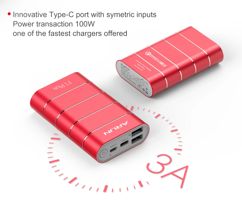 

ARUN 10000 mAh Power Bank QuickCharge 3.0 Intelligent Type-c External Battery 2 USB Portable Mobile Charger For Xiaomi iPhone X