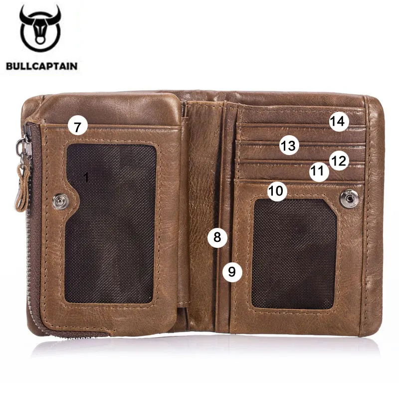 Bullcaptain Cow Genuine Leather Casual Men Short Wallet Coin Pocket Trifold Zipper Male Money Purse Credit Card Holder JYB011 3