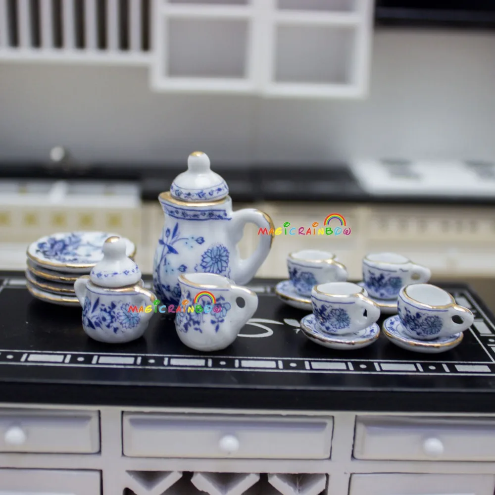 

Porcelain Mini Cup Saucer Teapot Pot Coffee Tea Set Dish Dollhouse Miniatures 1:12 Tableware