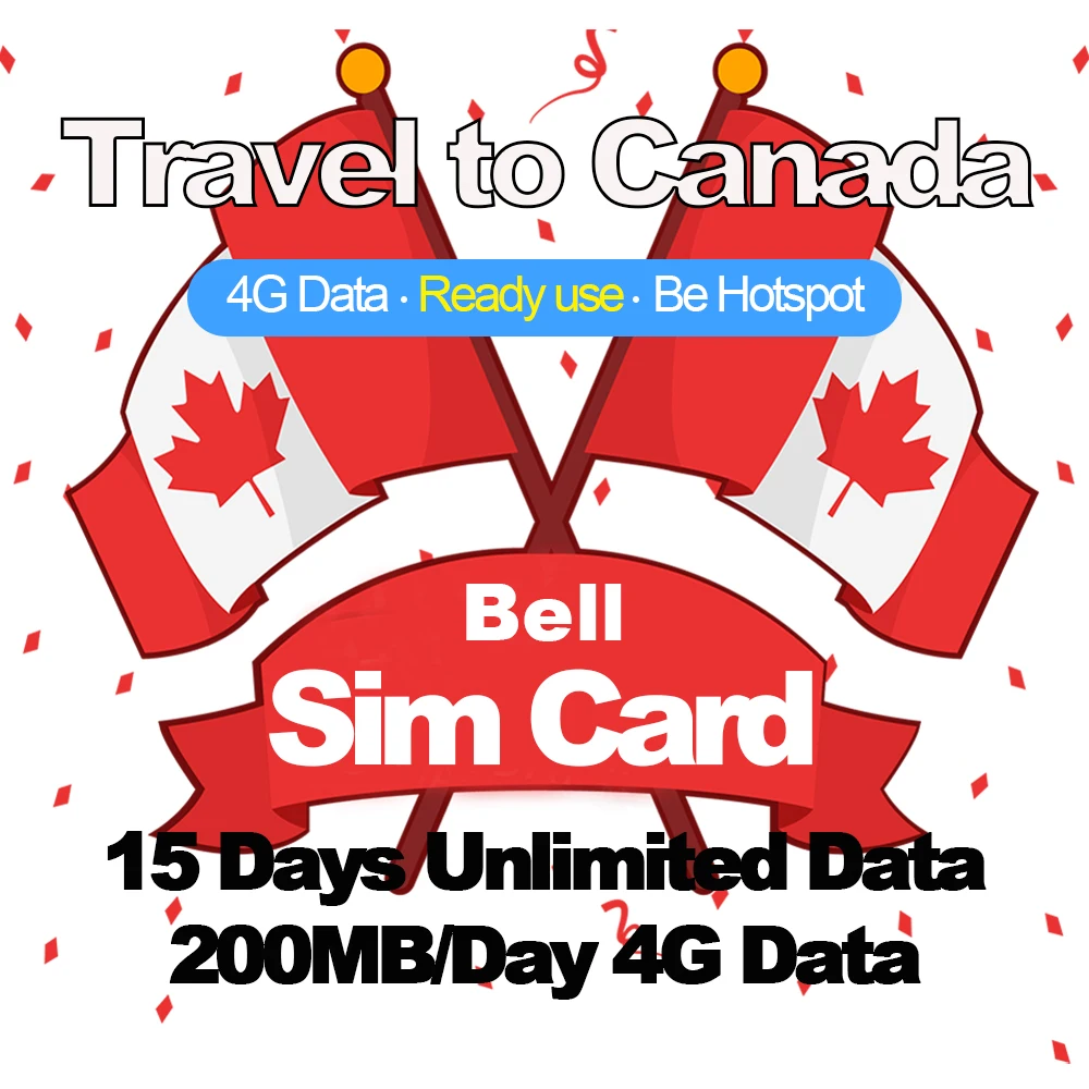 

Mewfi 15 Days Unlimited Data Canada Travel Sim Card No Call 200MB/Day 4G Data Bell Mobility Local Network Mobile Phone Sim Card
