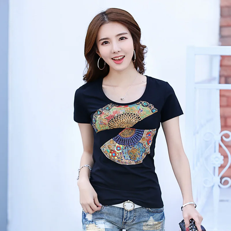 

New Arrivals National Wind Handmade Tops Women T-Shirts Mom's Gifts O-Neck Cotton Female Slim T-Shirt 8606 Z15