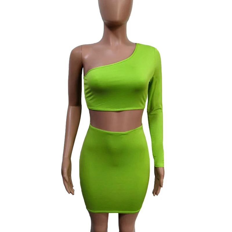 Летние женские с одним плечом укороченный топ короткая юбка наборы сексуальное облегающее коктейльное платье Вечерние комплект из двух предметов платье - Цвет: Зеленый