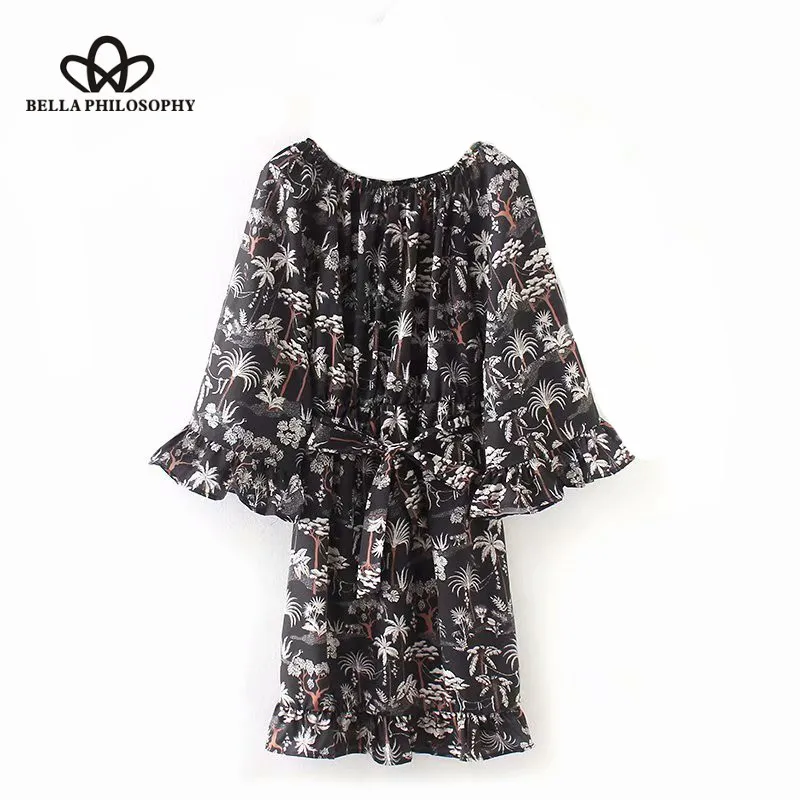 Wonder 2018new summer vintage slash neck printing loose ruffles chiffon dress fashion women