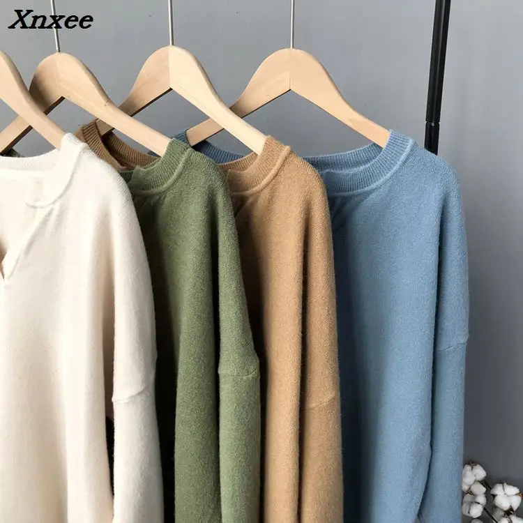 Xnxee Autumn Knitted Pullover Chic Solid V Neck Knitting Femme Harajuku Loose Women Khaki Blue White Sweater Pullover Jumper Xnxee Autumn Knitted Pullover Chic Solid V Neck Knitting Femme Harajuku Loose Women Khaki Blue White Sweater Pullover Jumper