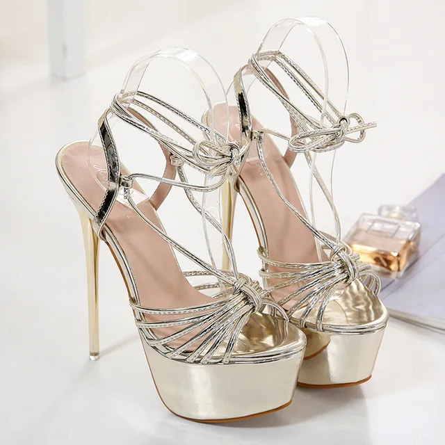 2019 New Sandals Women Heeled Sandals Sexy Bandage Ankle Strap Pumps Super High Heels 17 CM Waterproof platform Lady Shoes Gold