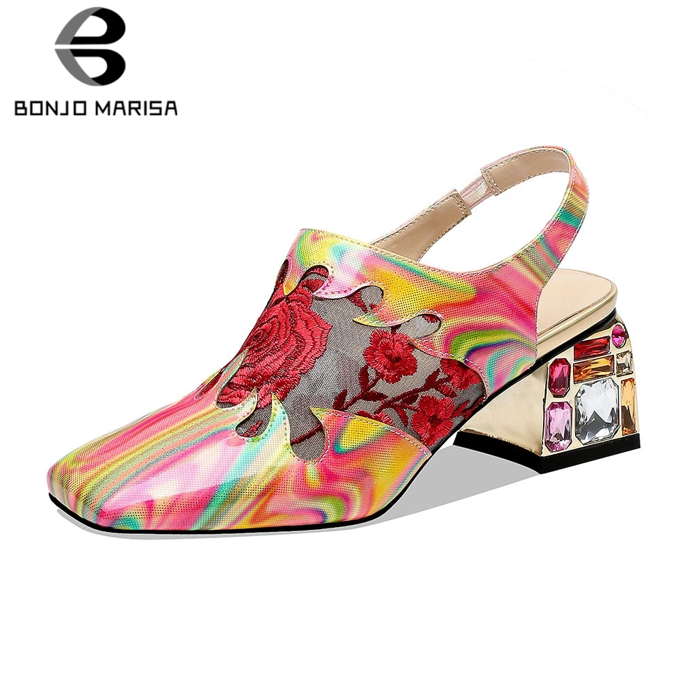 

BONJOMARISA New Big Size 34-41 Ladies High Heels Patent Genuine Leather Crystal Print Shoes Woman Casual Party Summer Sandals