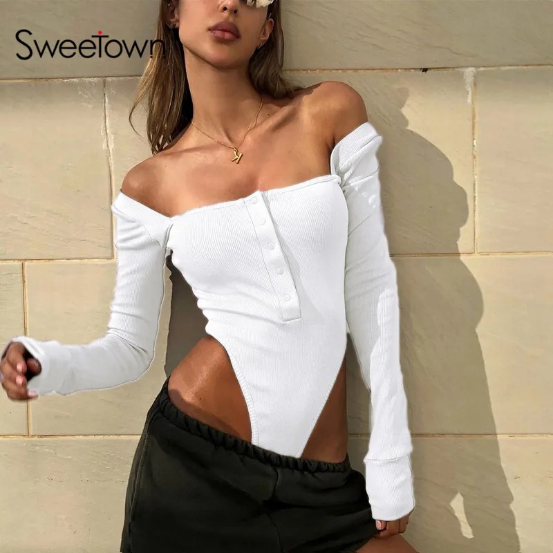 Sweetown боди с длинным рукавом женский осенний вязаный базовый облегающий короткий комбинезон элегантный комбинезон сексуальный белый боди с открытыми плечами