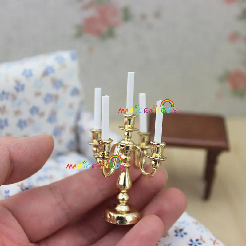 

1:12 Dollhouse Miniatures Five White Candles Light with Holder Model Golden Color Height 55mm / 2.1"