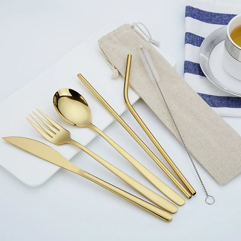 

Gold Portable Cutlery Set Fork Knife Spoon Set with Eco Friendly Straw Tableware Set Stainless Steel Cutlery for Travel Camping
