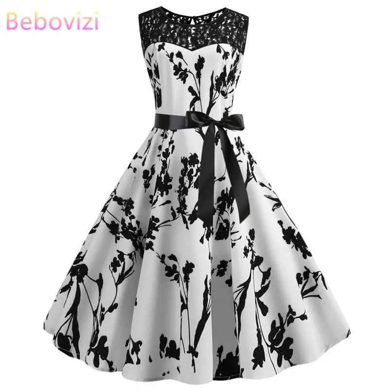 

Bebovizi Fashion Women 2019 New Casual Summer Elegant Party Dress Lace Flower Print Vintage Plus Size O-Neck Sexy Bandage Dress