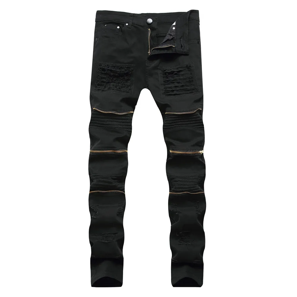 

New White Black Red Zipper Jeans Men Slim Stretch Ripped Distressed Mens Biker Jeans Skinny Hip Hop Dropshipping Pants
