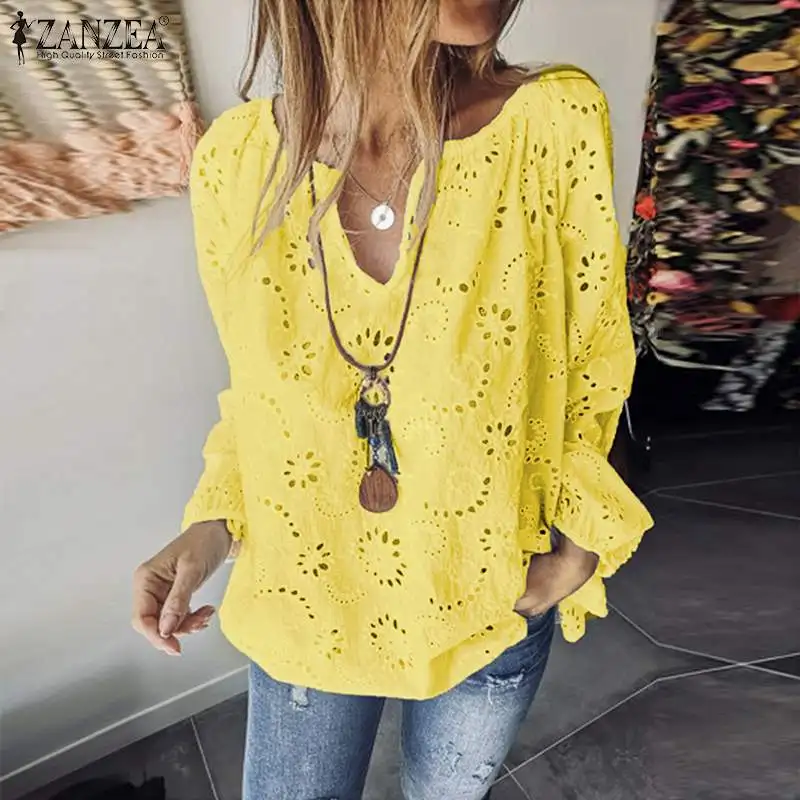  Fashion Hollow Tops Women's Summer Blouse 2019 ZANZEA Autumn Long Sleeve Shirts Female V Neck Lace 