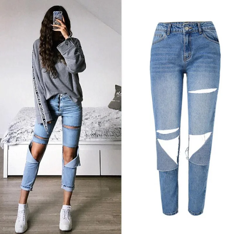 light blue LOGAMI Высокая талия большие рваные джинсы женские прямые джинсы женские весенне-летние брюки-бойфренды синий черный - Цвет: light blue