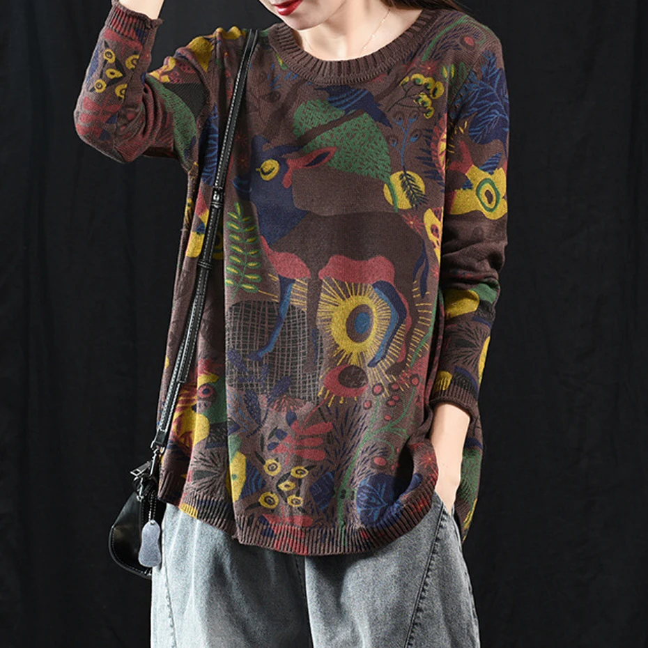 

Women Sweater Pullover Tops Knit Outwear Thin for Spring Autumn Big Loose Oversized Retro Vintage Animal Print Casual AZ37202717