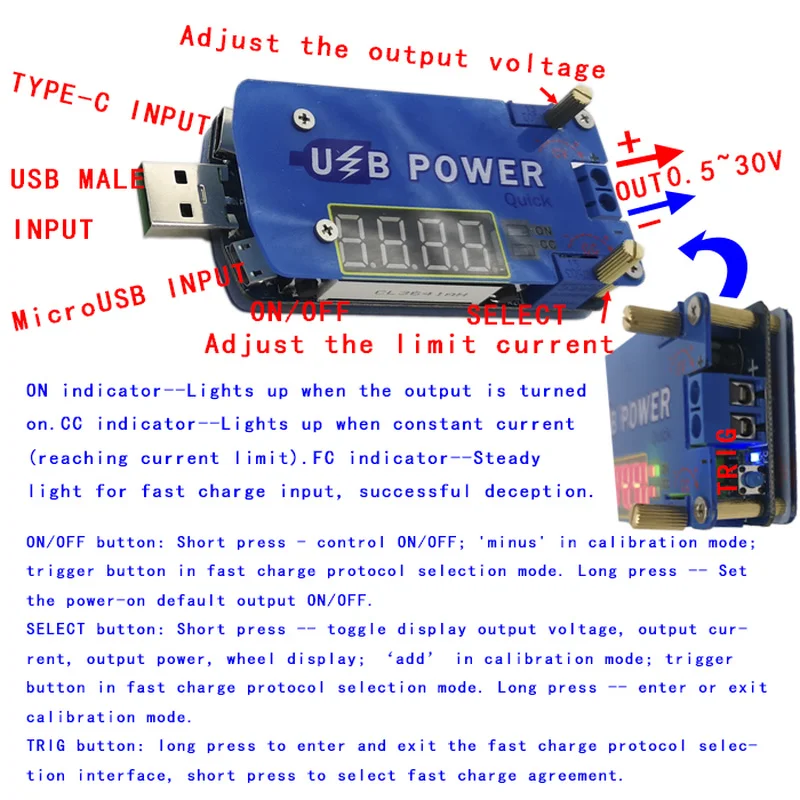 DP2F DC Регулируемый usb лабораторный источник питания DC 0,5-30 в 15 Вт регулятор напряжения QC2.0 QC3.0 AFC FCP триггер быстрой зарядки