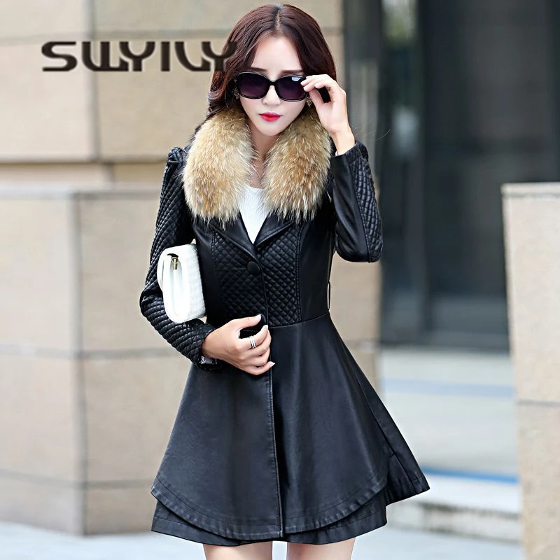 SWYIVY Woman Leathe Jacket Coat Mid Long Fur Collar 2018 New Autumn Winter Female Quality Leather Trench Coat 3XL XXXXL V Neck