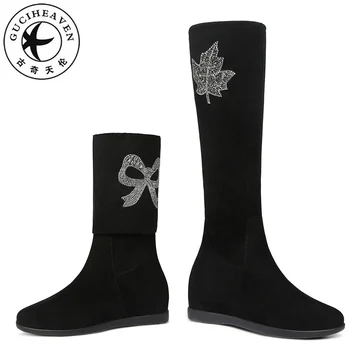 

Guciheaven Women Mid Calf Boots Winter Warm Plush Height Increasing High Heels Pumps 6cm Microfiber Floral Fashion Shoes 2020