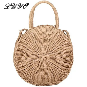 

Handmade Rattan Woven Round Handbag Vintage Retro Straw Knitted Messenger Bag Lady Fresh Summer Beach Tote Circle Shoulder Bags