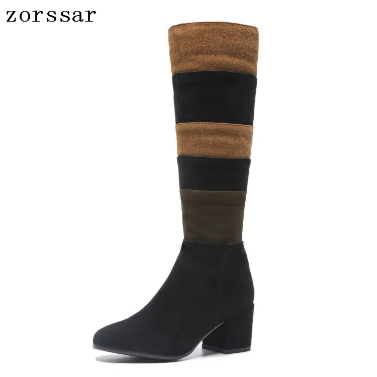 

{Zorssar} Fashion high quality Female High Boots Winter shoes Nubuck leather Square High Heels women Knee High boots Size 33-43