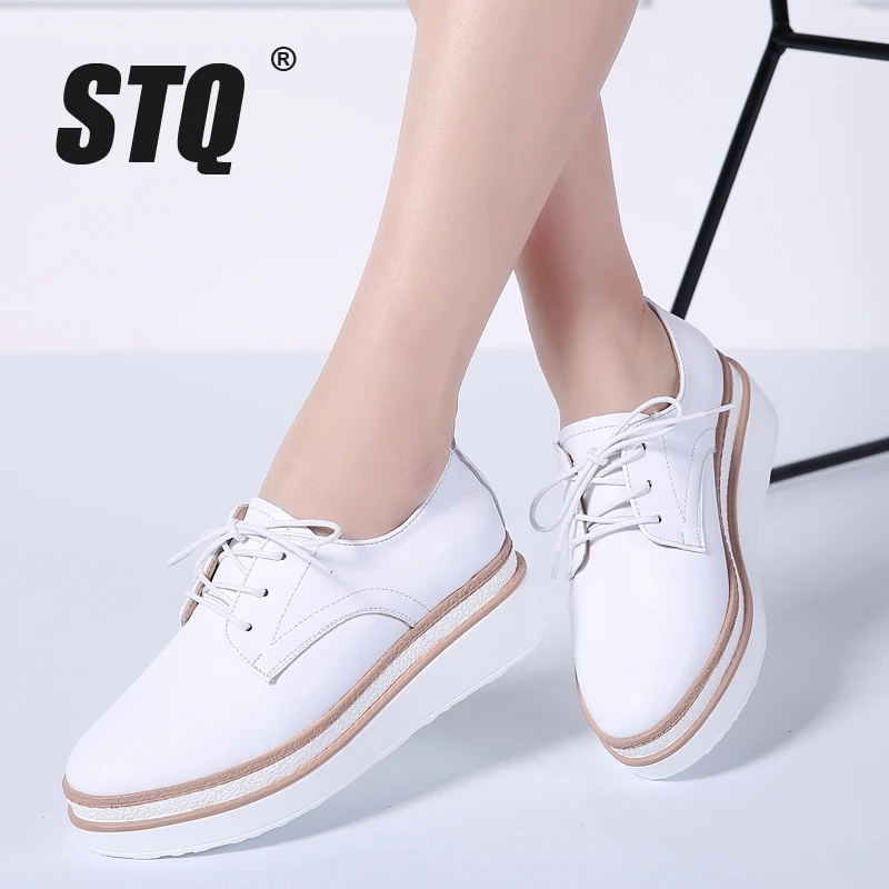 STQ 2018 Spring women platform sneakers shoes white genuine leather lace up flats women thick