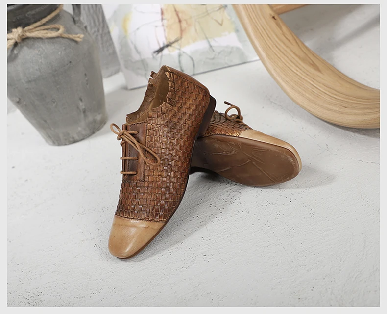 Woven Shoes Woman Latest Design Female Colorful Flat Shoes Hand-Painted Lace-Up Lady Casual Shoes Square Toe Footwear