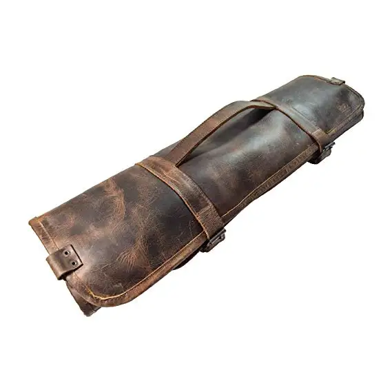 

Handmade Durable Leather Knife Roll with Durable Water Resistant Canvas Lining 8 Pockets