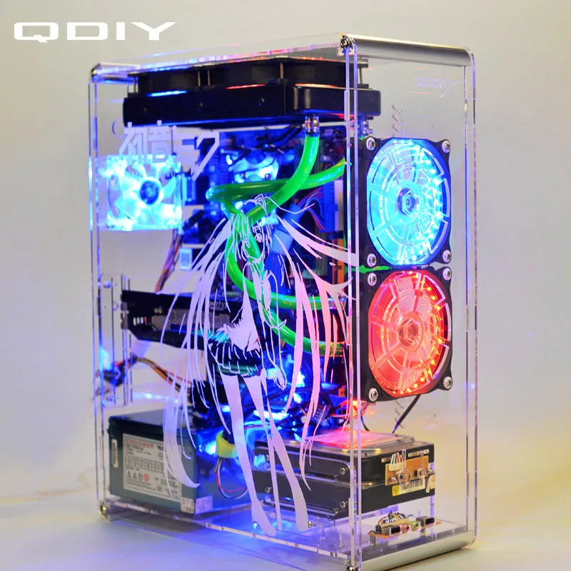 QDIY PC-A006SM MicroATX прозрачный акриловый чехол для компьютера PC чехол с водяным охлаждением игровой плеер акриловый чехол для компьютера