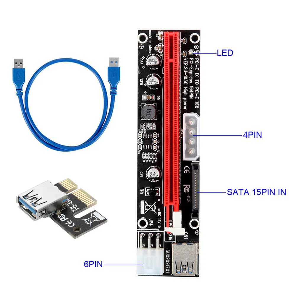 

1Pc PCI-E Express 1X To 16X Extender Riser Mining Card Adapter USB 3.0 LED SATA 6 Pin Power Cable For Mining EM88