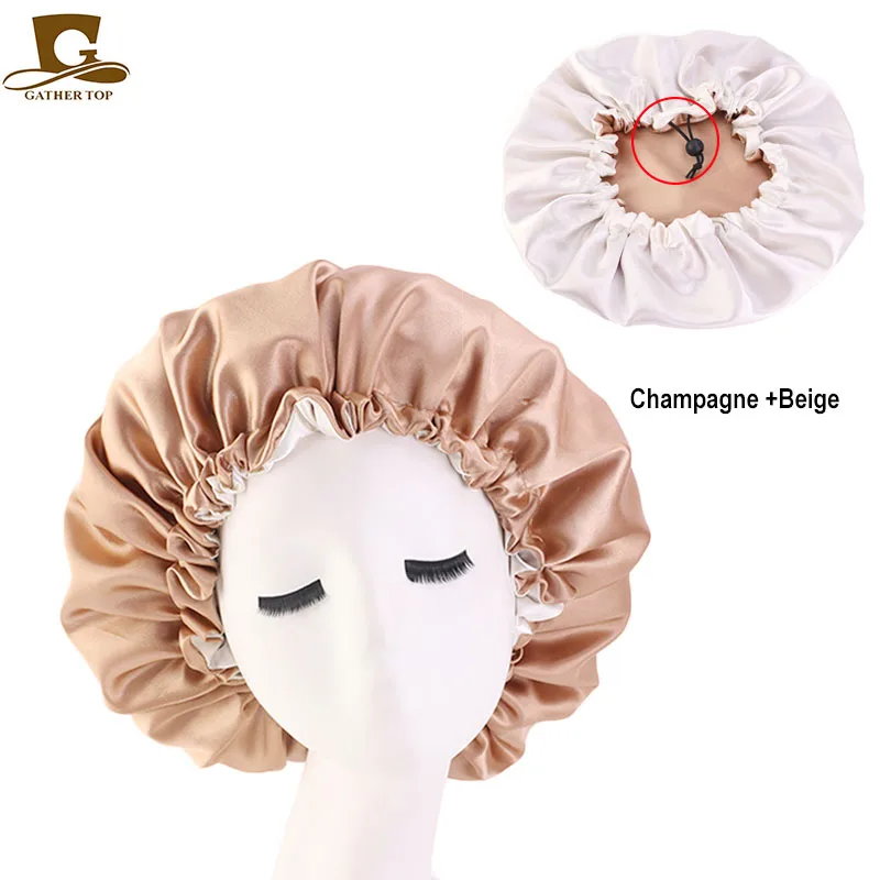 New Reversible Satin Bonnet double layer adjustable size Sleep Night Cap Head Cover Bonnet Hat for For Curly Springy Hair Black ladies head wraps Hair Accessories