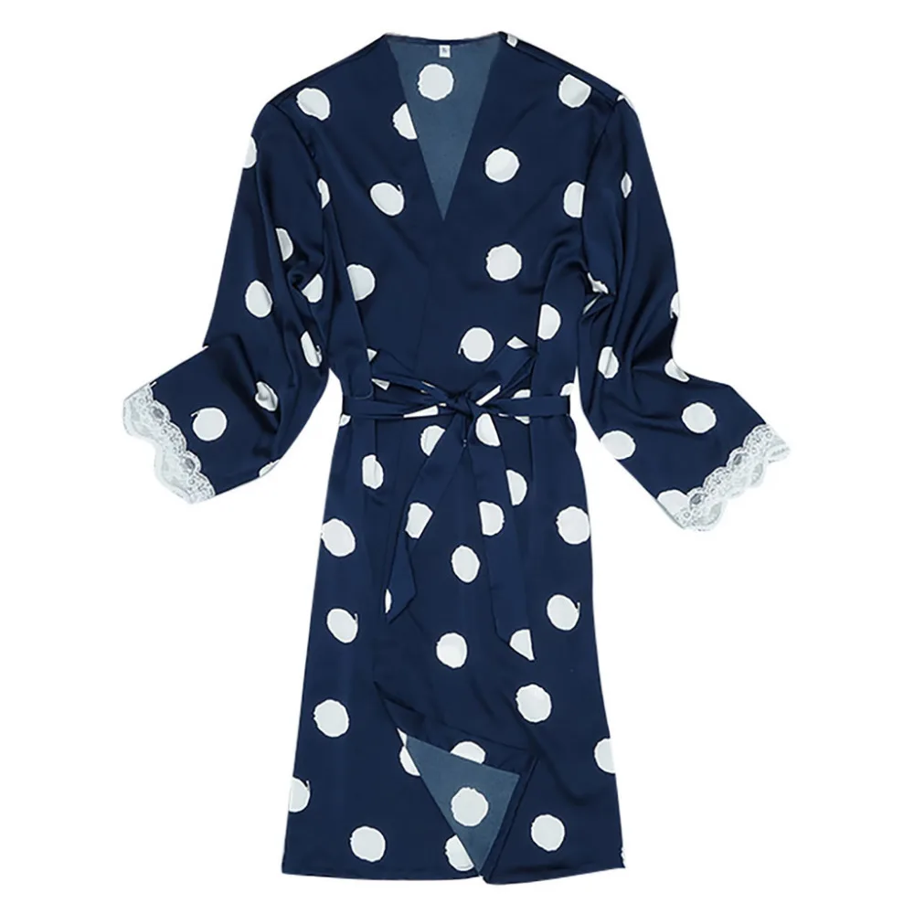 Для женщин пикантные атласные Мода Dot печати кружева пижамы халат ночная рубашка с длинным рукавос летний комплект шифоновое платье
