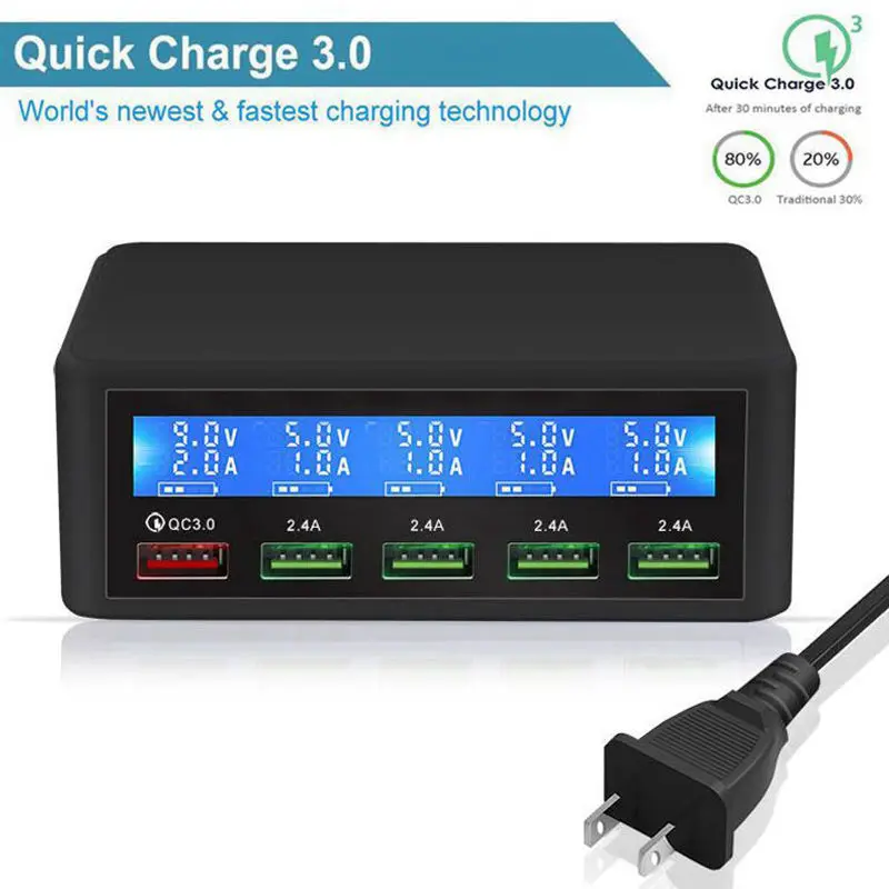 50W Quick Qc 3.0 Charge 5 Port Smart Lcd Usb Charger Adapter Station Fast Charger Wall(Eu Plug