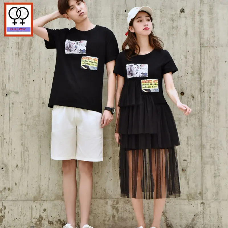 

Matching Couple Clothes Lovers Date Holiday Honeymoon Valentine's Days White Black Mesh Sheer T Shirt Dress Cotton Long 1307