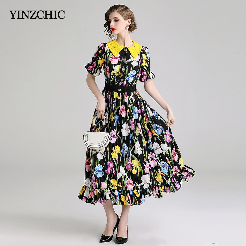 

Creative Floral Dress Woman Summer Elegant Ladies Party Dress Lace Peter-pan Collar A-line Mid Dress Star Style Chiffon Dress
