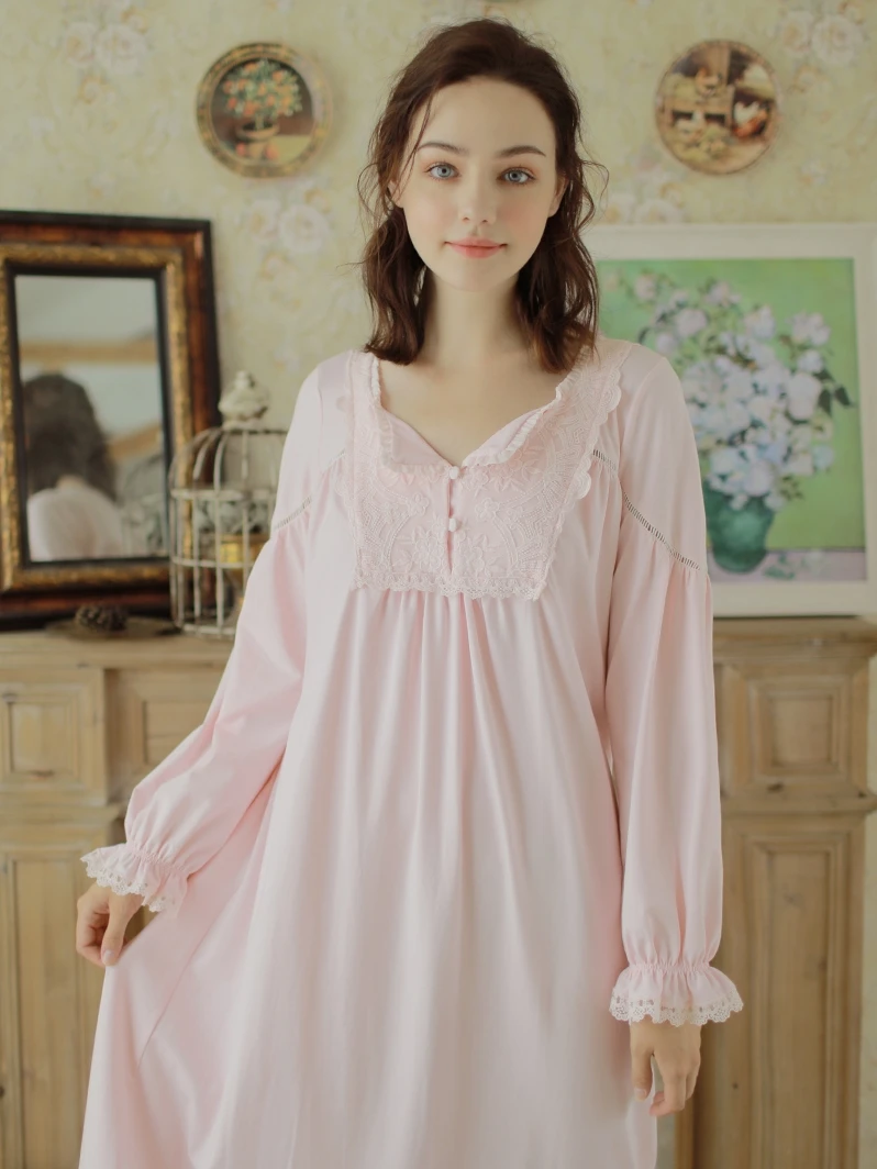 

Nightgown Women Sleepwear Cotton Embroidery Nightdress Comfortable Dress Homewear Ladies Long Sleeve V Neck