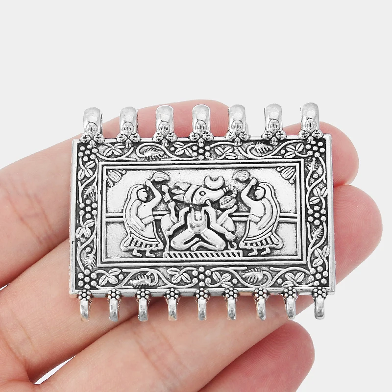 

5pcs Large Antique Silver Carved Two People Ganesha Elephant Buddha Pendant Multi-Round Hole Connectors Findings
