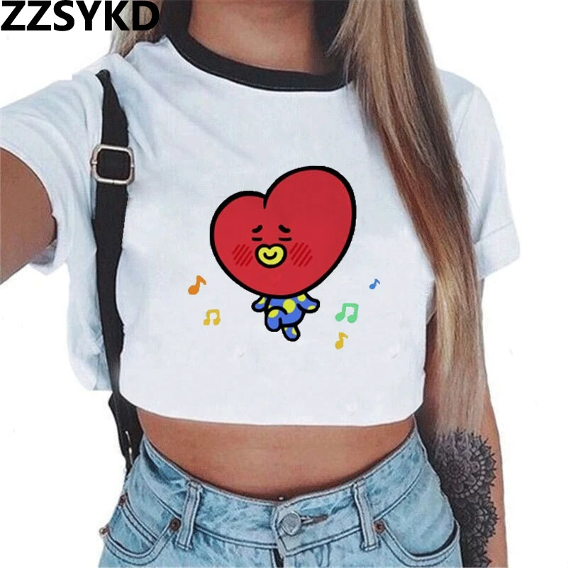 

ZZSYKD 2018 Harajuku Kawaii Streetwear Bts Kpop Clothes Short Sleeve Bt21 Print Crop Top Women Sweatshirt Tops