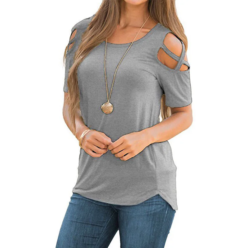 Женская летняя и осенняя длинная футболка с коротким рукавом на бретелях с открытыми плечами, женская футболка, короткий топ с круглым вырезом, футболки, Feminina Camiseta - Цвет: Серый