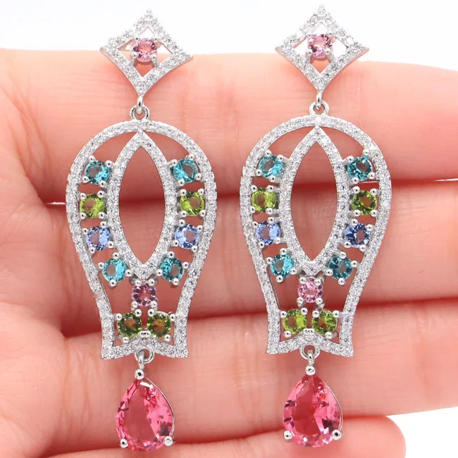 

Colorful Long Tourmaline,Violet Tanzanite,Aquamarine,Peridot CZ Silver Earrings 55x19mm