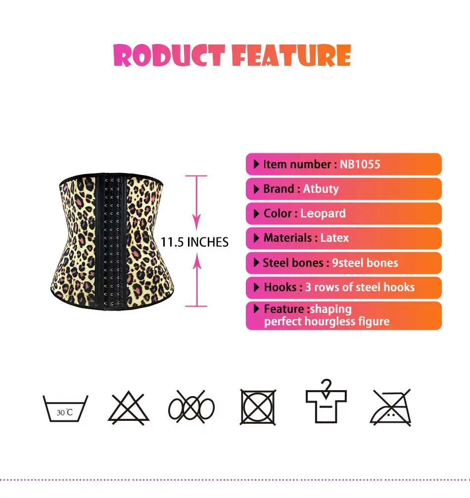 NB1055 01 Atbuty Leopard Waist Trainer Latex Waist Cincher Workout Steel Boned Corsets Body Shaper Girdles Slimming Underwear (4)