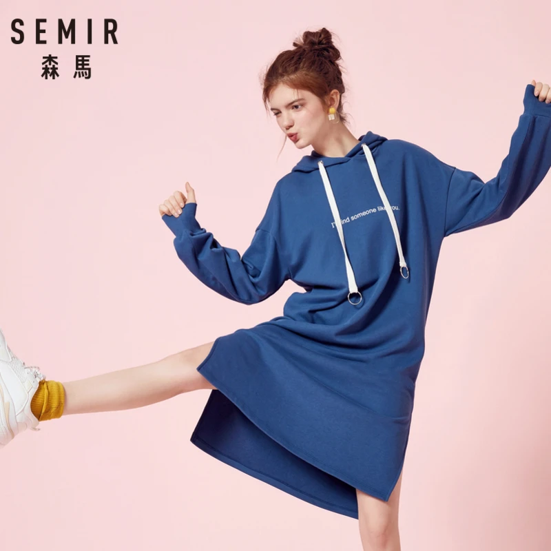 

SEMIR Women Hooded Sweatshirt Dress with Slit Sport Sweatshirt Dress with Lined Drawstring Hood Ribbing at Cuff