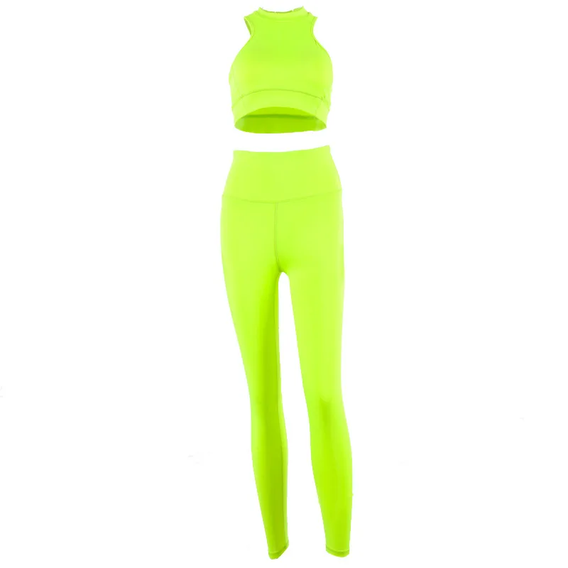 Women Sleeveless Bra Elastic Leggings Two Pieces Neon Pink Yoga Set Summer Women Sport Tops Yoga Pants Casual Workout Sport Suit