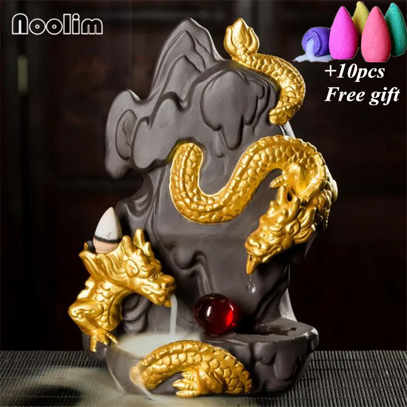 New Gold Dragon Backflow Incense Burner With Crystal Ball Home Office Decor Ornament Aromatherapy Censer Holder+10Pcs Free Cones - Цвет: Color 1-10pcs Mixed