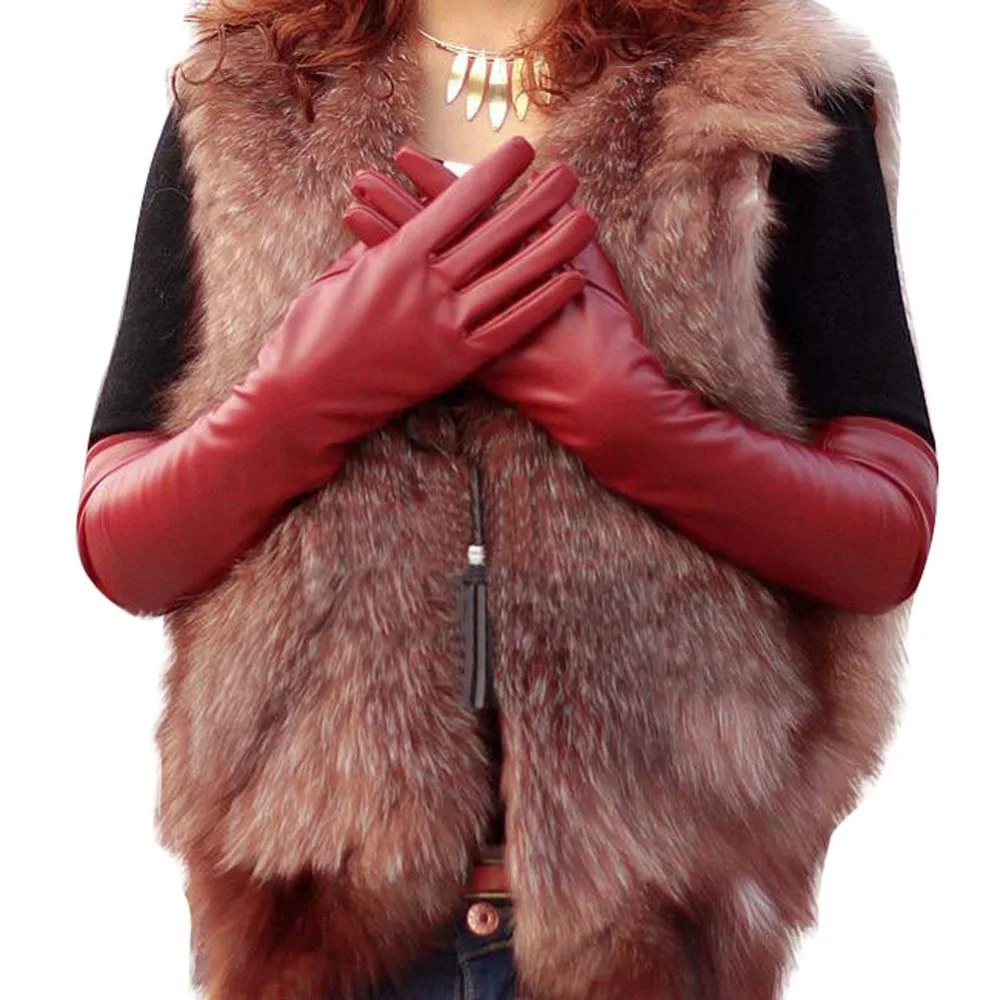 

Women Faux Leather Elbow Gloves Winter Long Gloves Warm Lined Finger Gloves New
